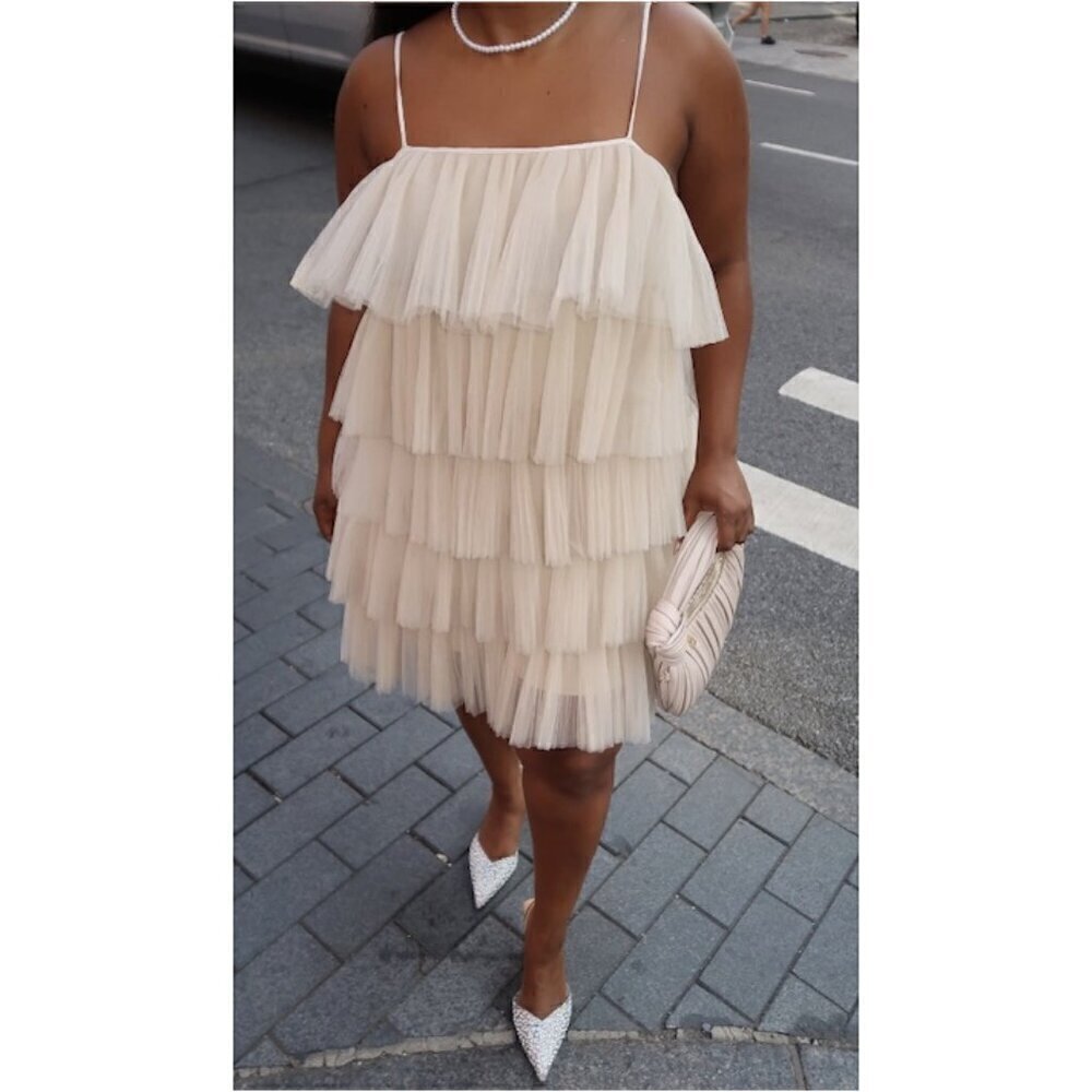 MAEVE by Anthropologie Tiered Tulle Mini Dress in Taupe Size Small